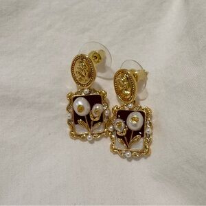Renaissance Gold and Red Floral Earrings